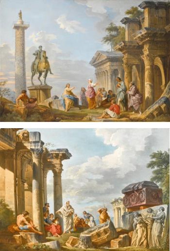 A Capriccio view with Figures among Roman Archaeological Ruins, The Temple of Vesta in Tivoli and The Sarcophagus of Costanza by Giovanni Paolo Panini