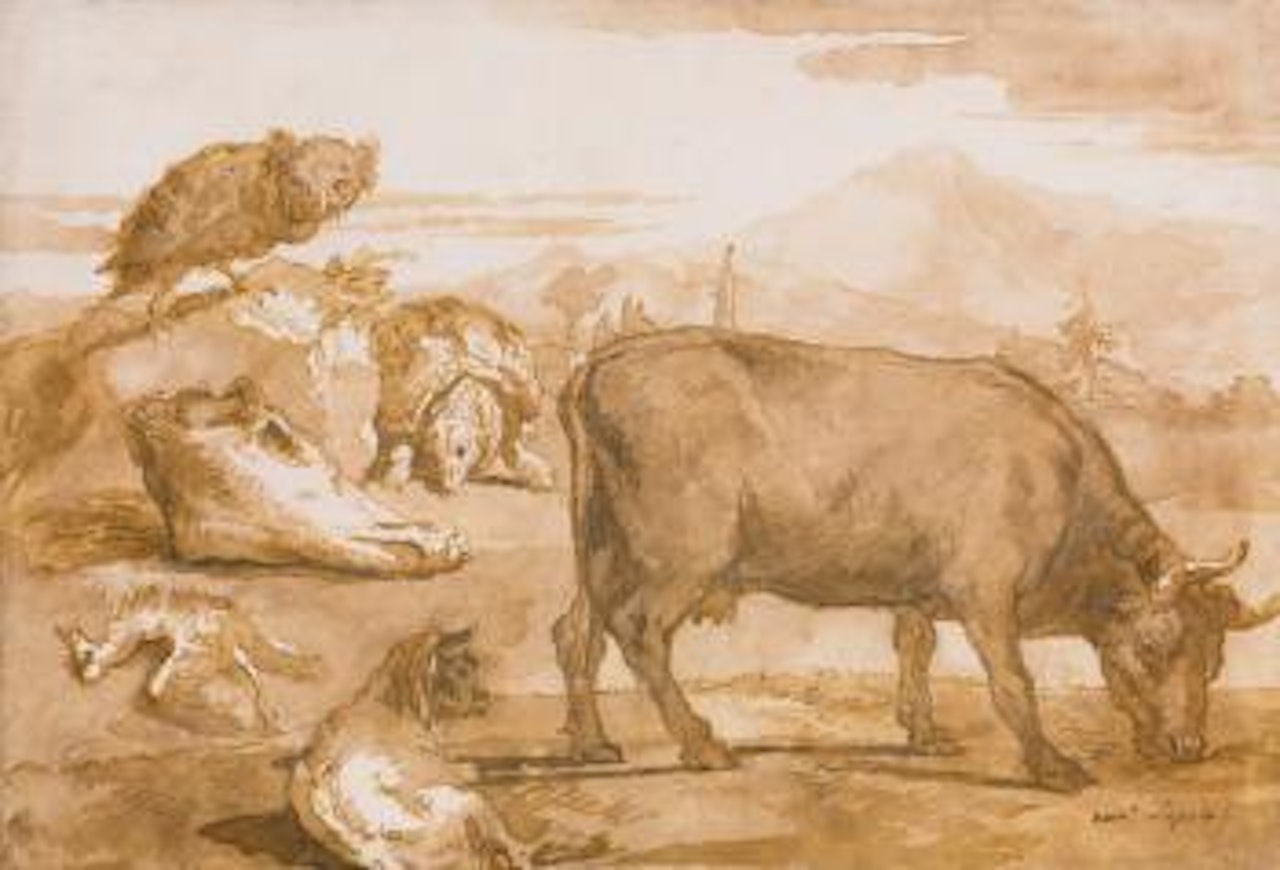 Animals in a landscape: A Cow, A Tortoise, An Owl, A Goat, A Bird, and the Skull of a Horse by Giovanni Domenico Tiepolo