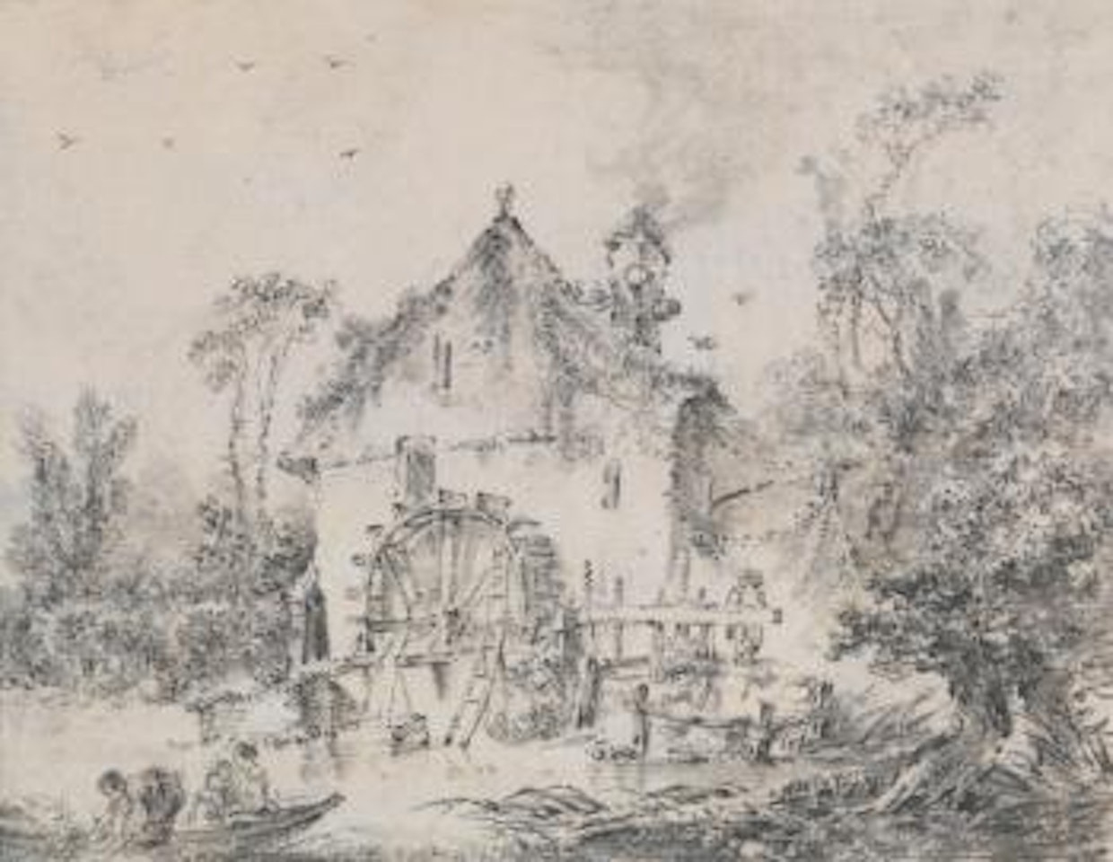 Landscape with figures by a Watermill by Francois Boucher