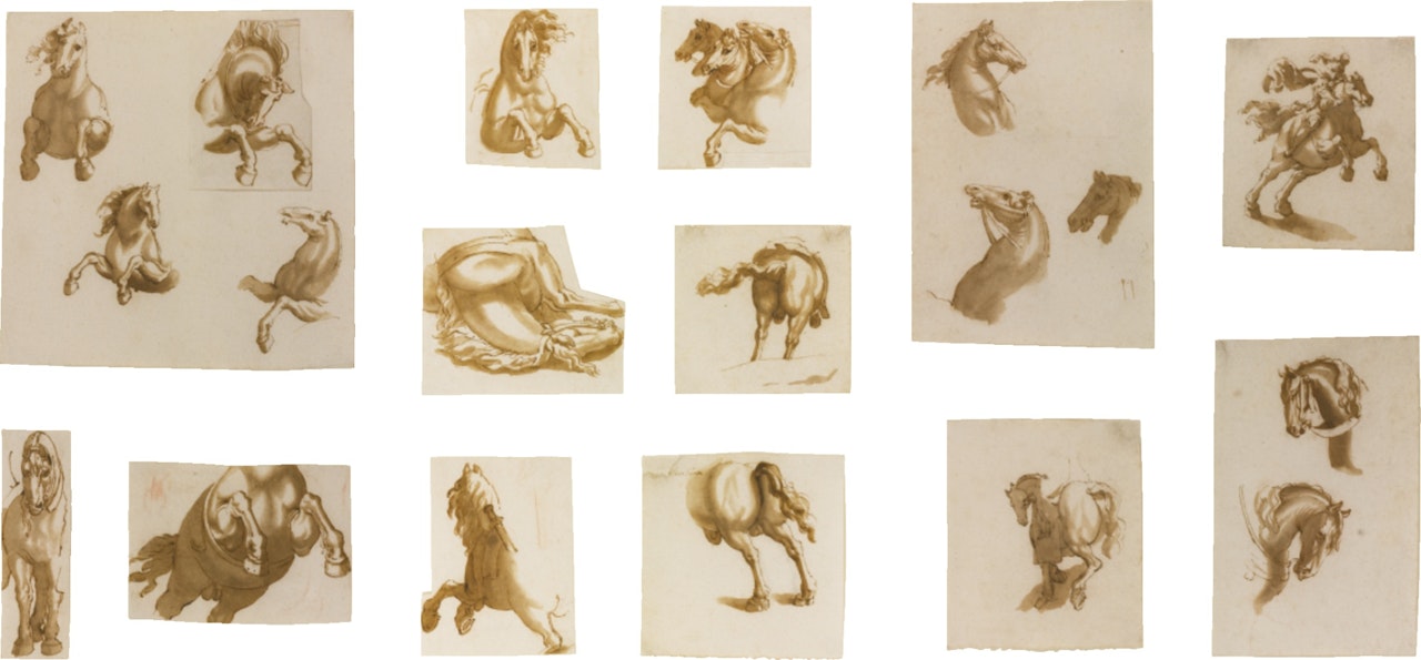 SIXTEEN SHEETS WITH STUDIES OF HORSES by Jan de Bisschop