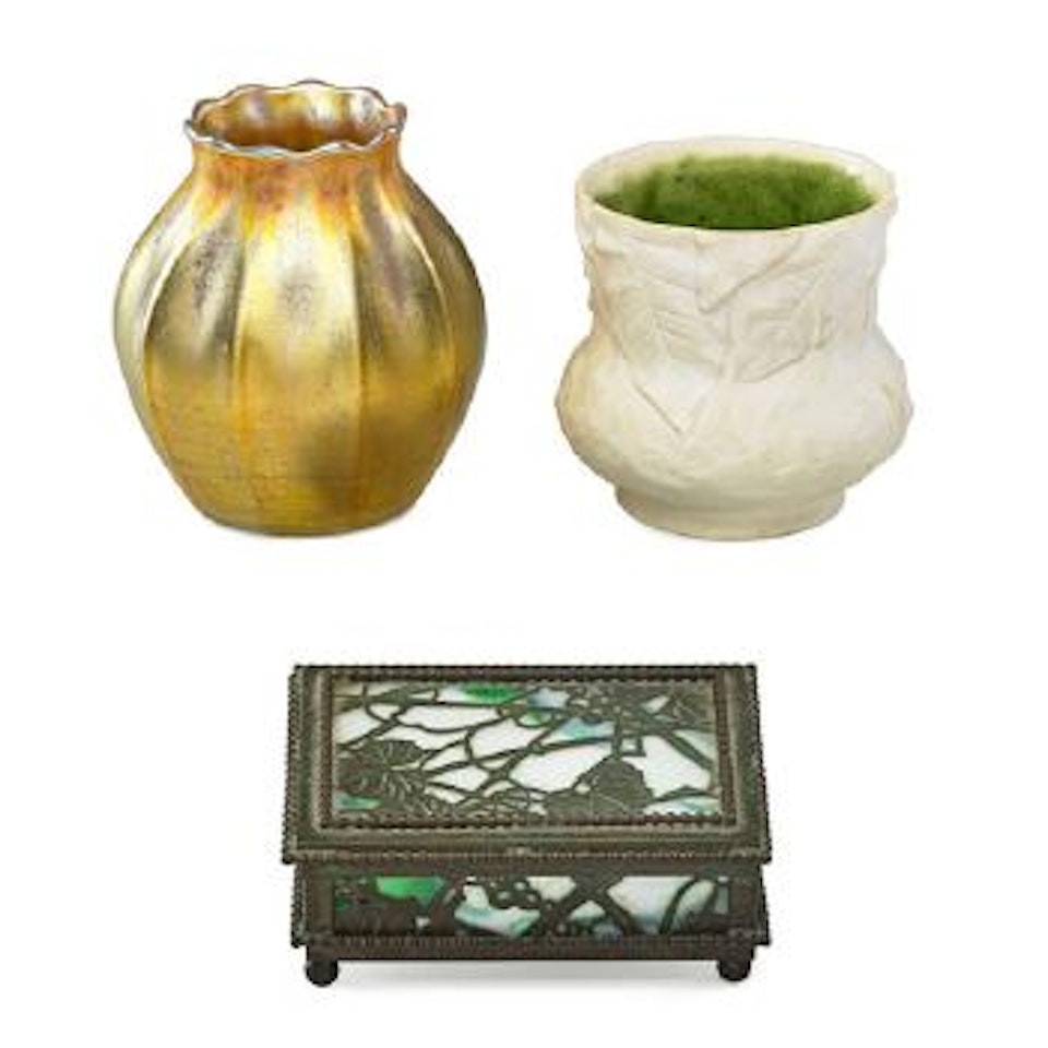 Favrile pottery vase, gold Favrile glass vase, and grape cigarette box by Tiffany Studios