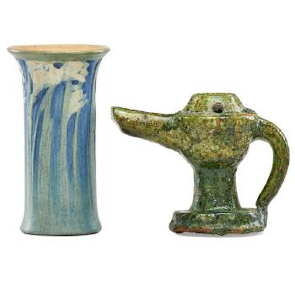 Glazed novelty lamp and small vase with  freesia by Anna Frances Connor Simpson by George E. Ohr