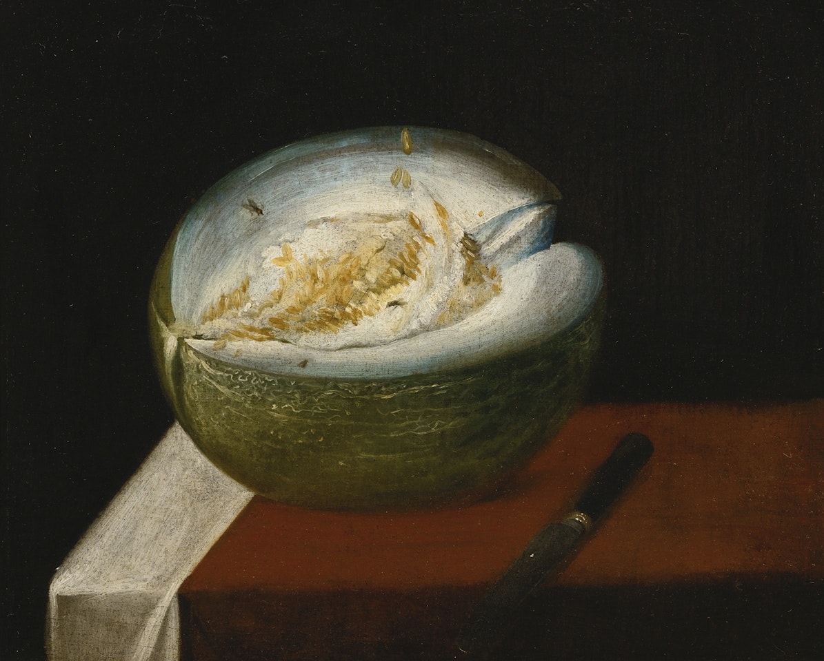 STILL LIFE WITH A CUT MELON AND A KNIFE ON A TABLE by Spanish School