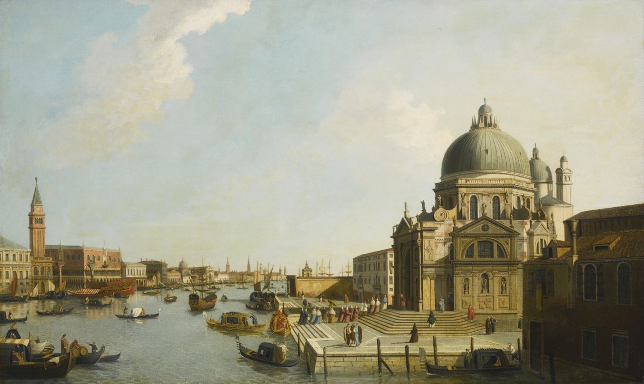 GRAND CANAL, VENICE, WITH A PROCESSION ON THE STEPS OF SANTA MARIA DELLA SALUTE by Follower of Canaletto