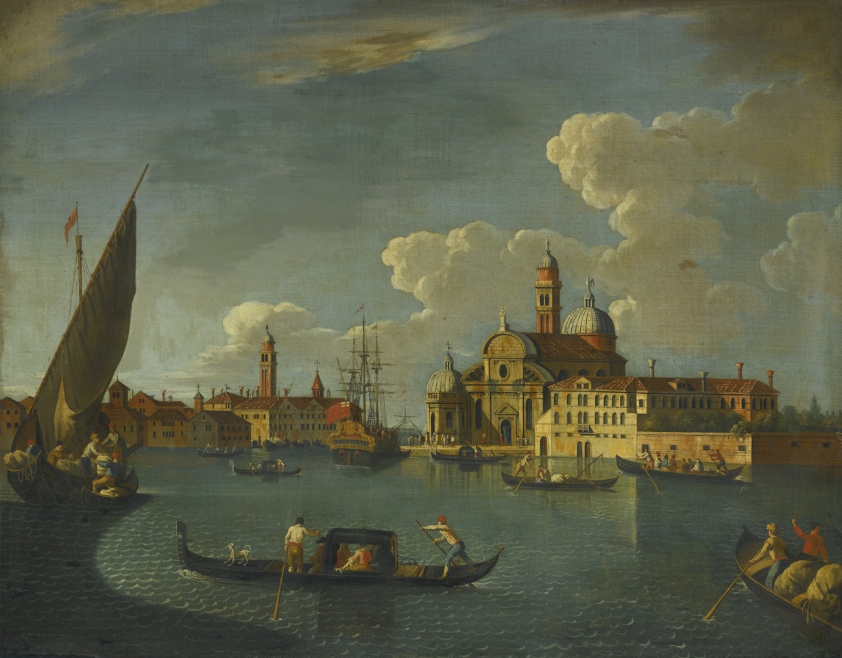 VIEW OF THE ISLAND OF SAN MICHELE, VENICE WITH A BRITISH MAN-O-WAR by Follower of Canaletto