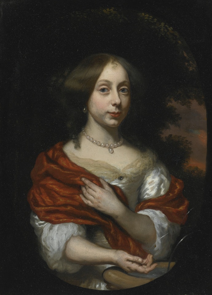 PORTRAIT OF A LADY, HALF-LENGTH, IN A RED SHAWL by Nicolaes Maes