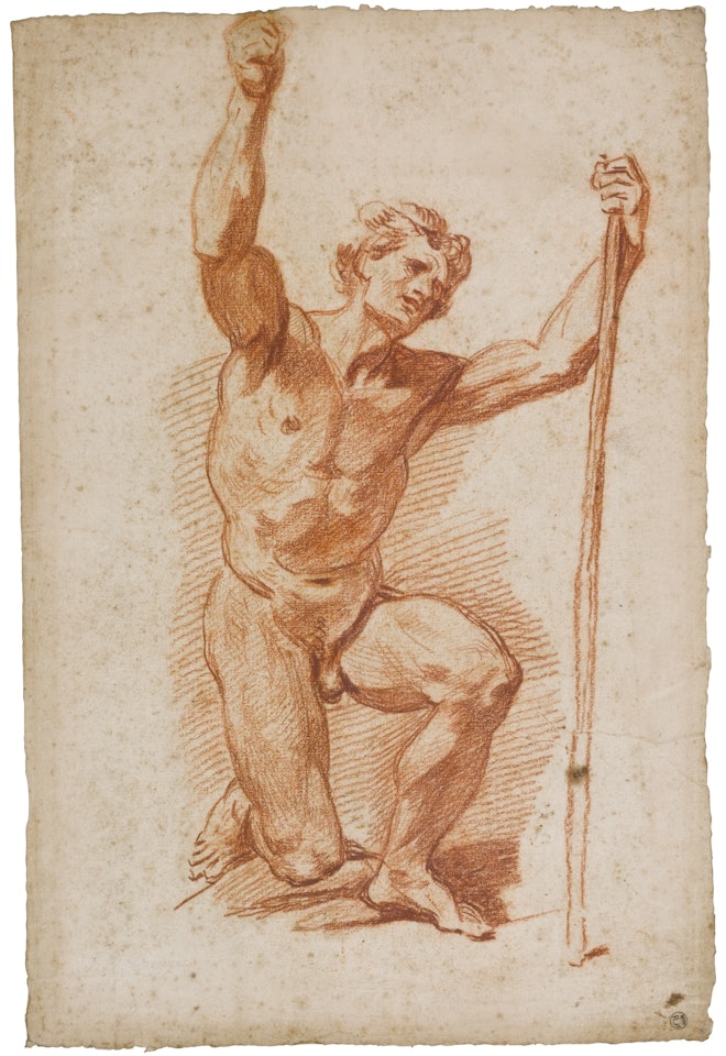 RECTO: KNEELING MALE NUDE HOLDING A STAFF VERSO: A FURTHER STUDY OF A MALE NUDE, HIS ARMS UPRAISED by Jean-Baptiste Greuze