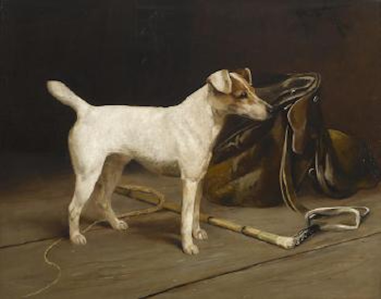 Smooth Fox Terrier next to a saddle and crop by Arthur Wardle