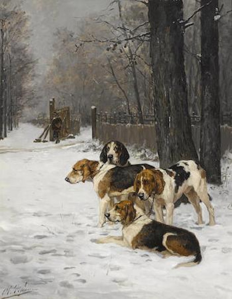Hounds in a snowy landscape by Olivier de Penne