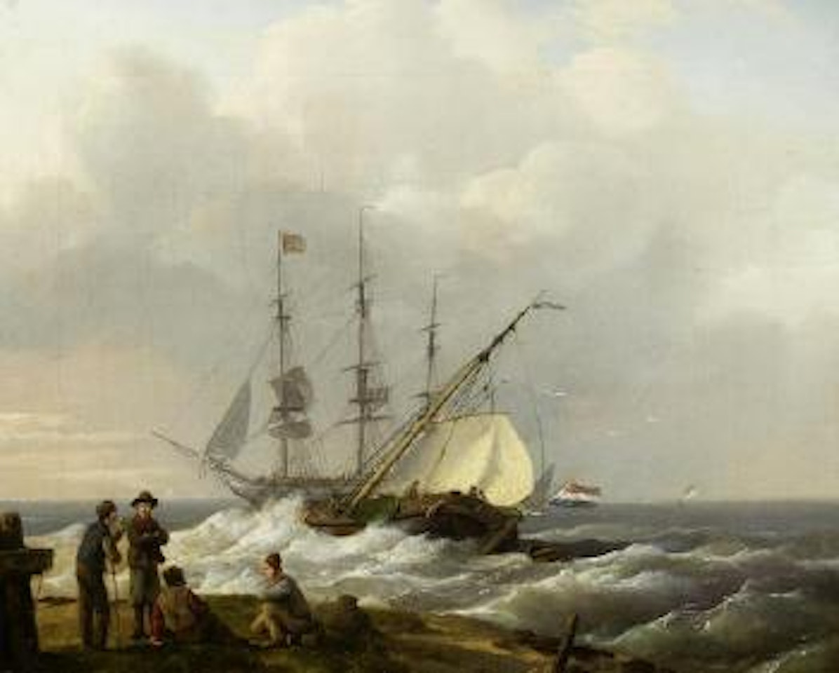 Fishermen on the shore with ships setting sail beyond by Barend Cornelis Koekkoek