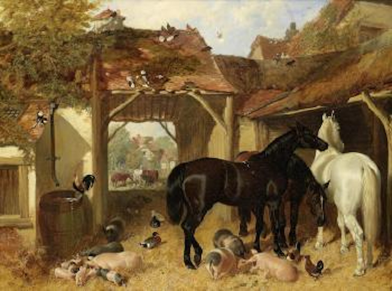 Horses, pigs and poultry in a farmyard by John Frederick Herring