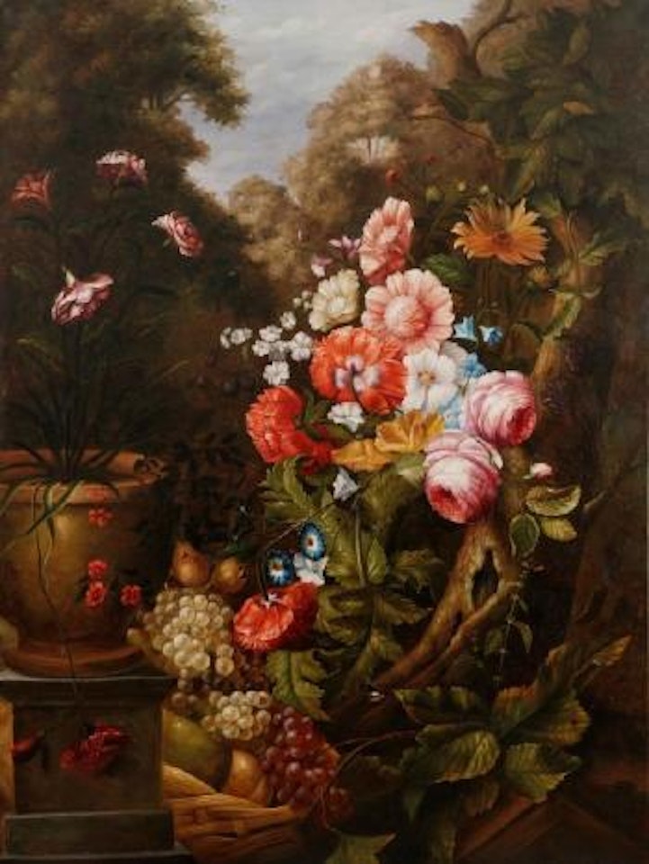 Nature morte aux fleurs et fruits sur fond de paysage by Dutch School by Dutch School