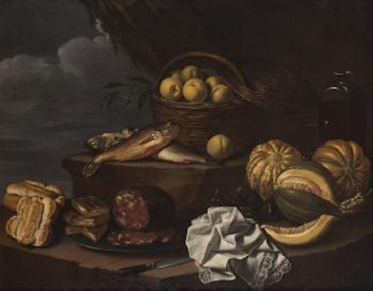 Natura morta con pane, salumi, frutta e pesci by Cristoforo Munari