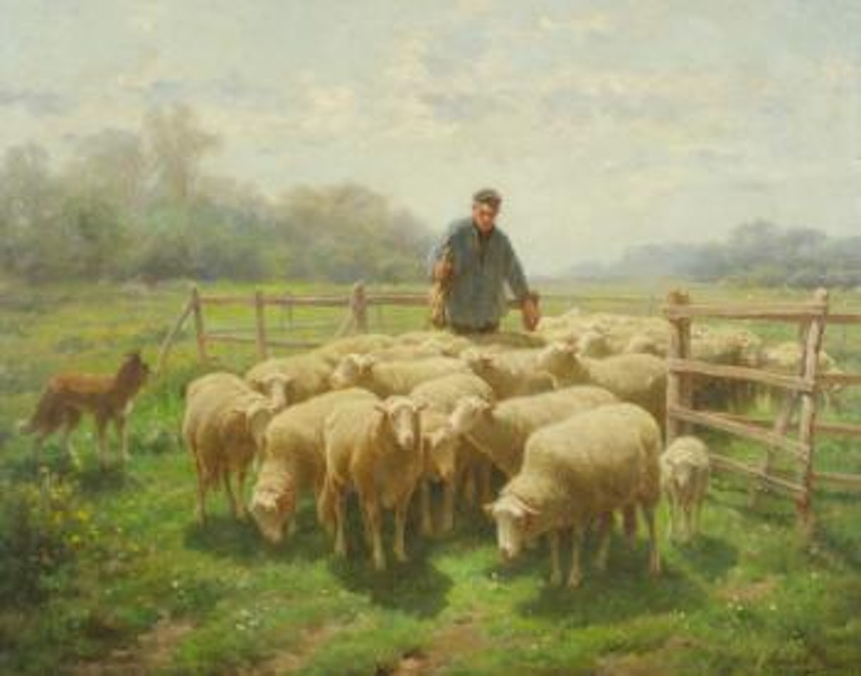 Pastoral landscape with shepherd releasing his flock from the pen and a dog at attention by Frans de Beul