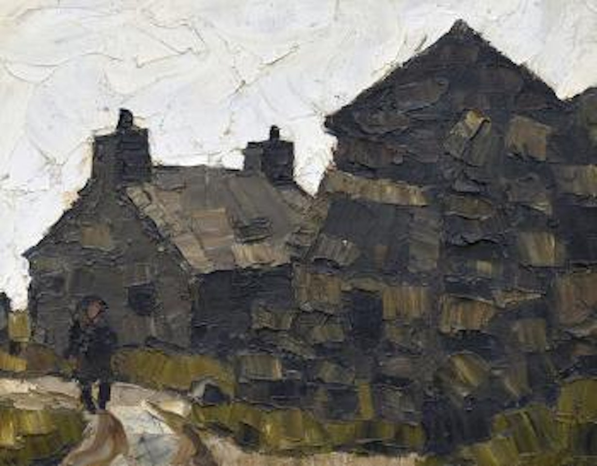 Farmer and farm buildings by Kyffin Williams