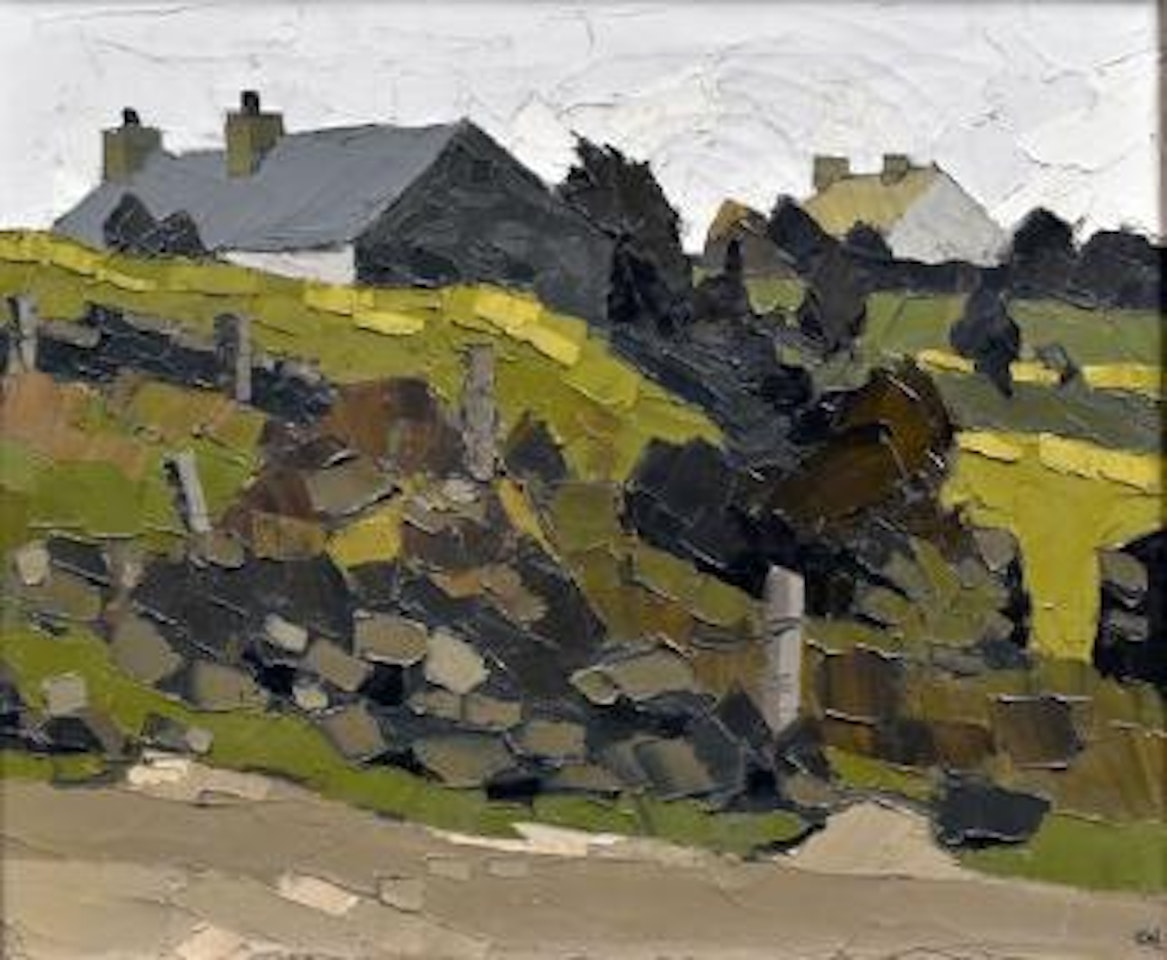 Two houses, stonewalls and landscape with lane by Kyffin Williams
