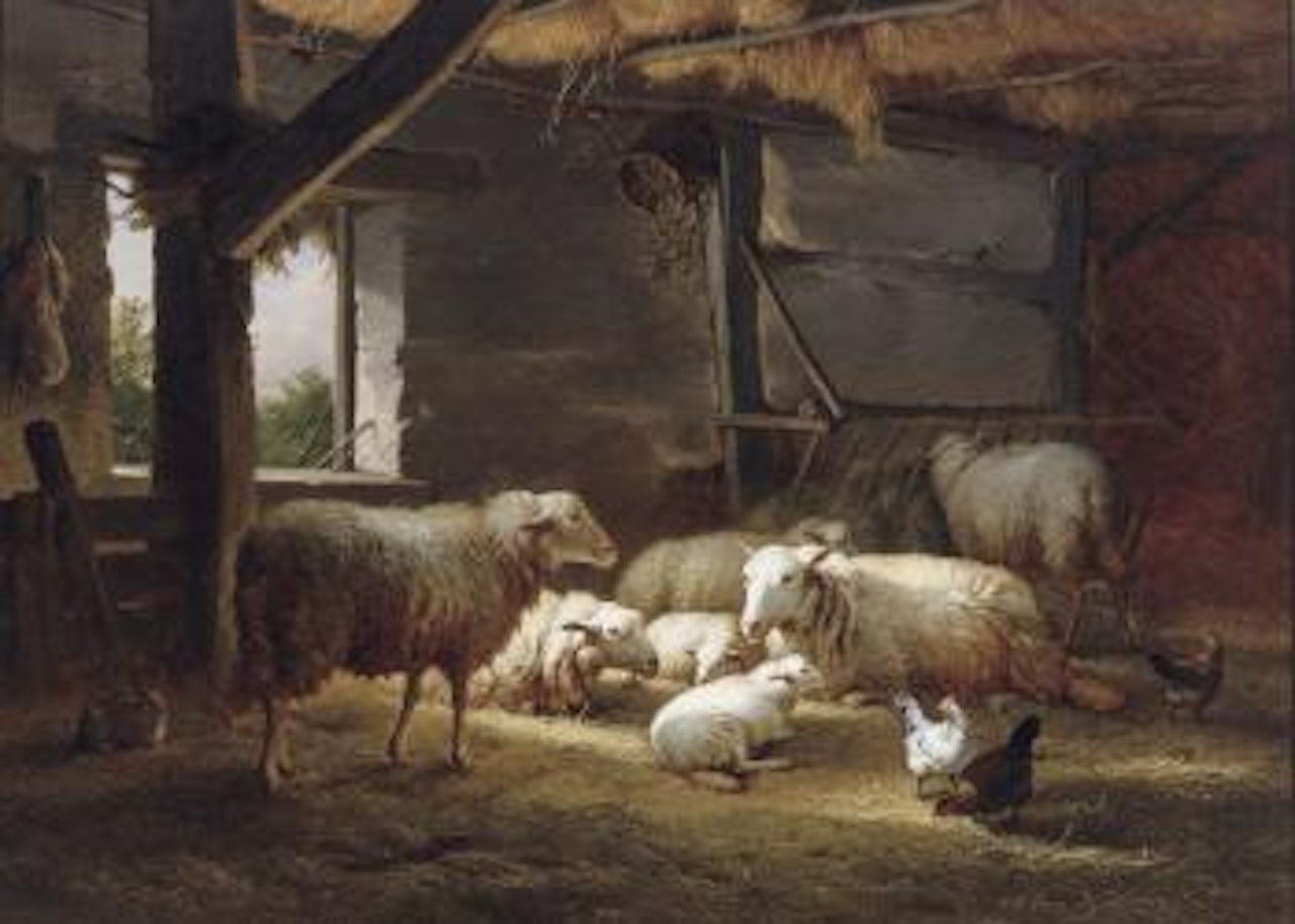 Schapen en kippen in een stal by Eugène Joseph Verboeckhoven
