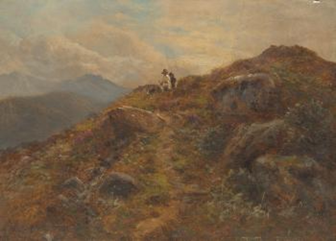 Travelers on a foothill by Benjamin Williams Leader