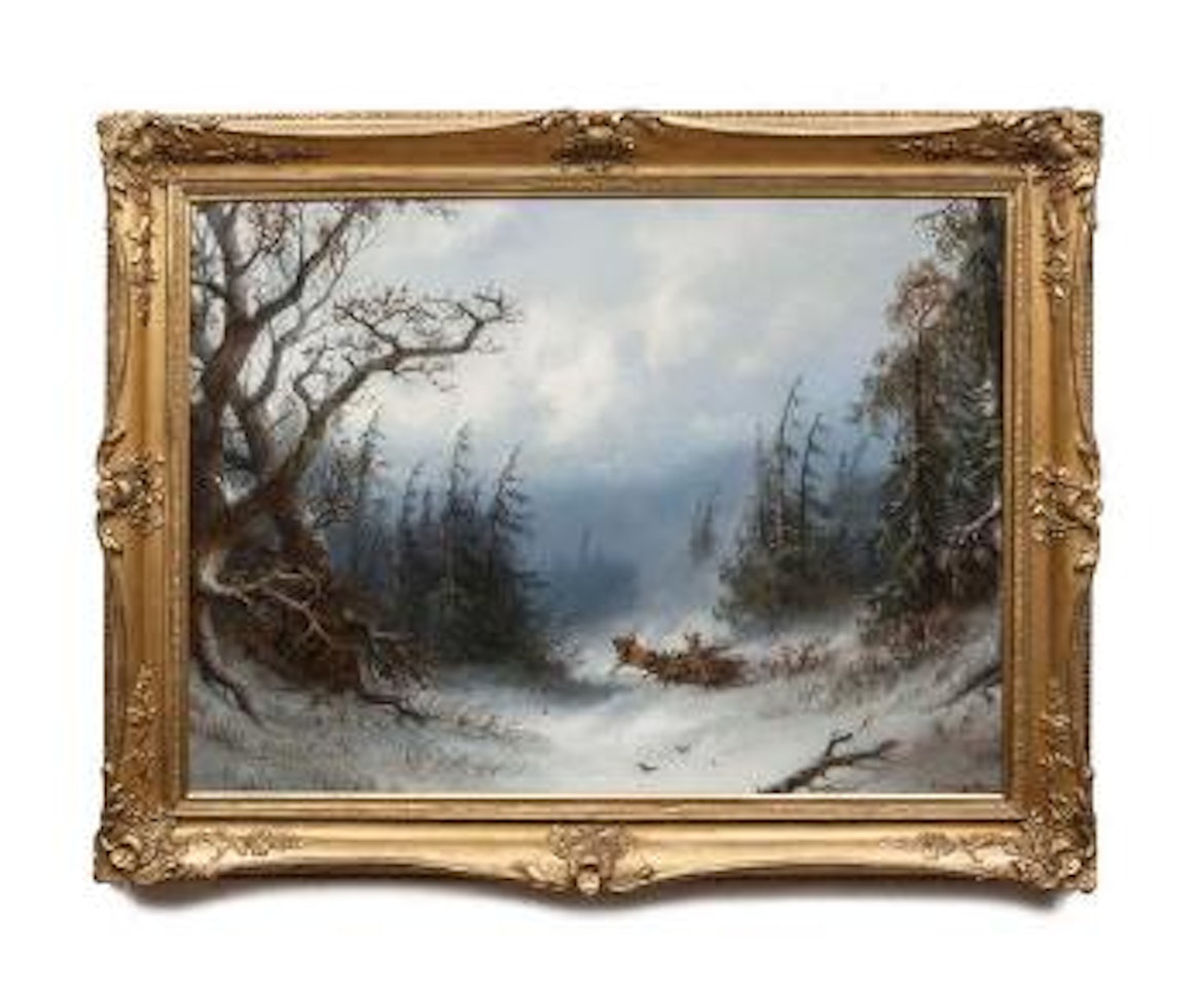 Loading firewood in the snow by Adolf Schreyer