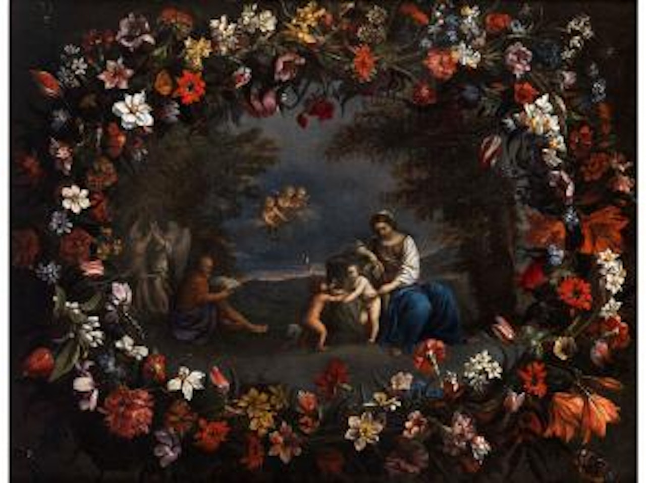 Blumengirlande mit Heiliger Familie, Jungem Johannes und Engeln by Pier Francesco Cittadini