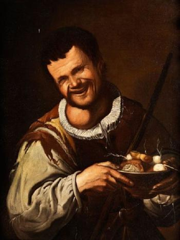 Lachender Jungling mit Zweibeln in einem Krug (Allegorie des Geruchssinns) by Spanish School
