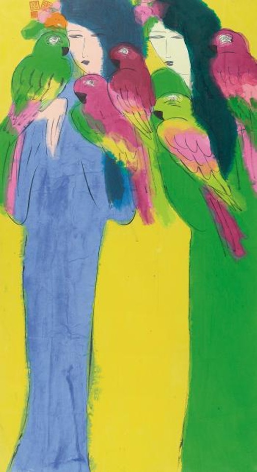 Two girls with parrots by Walasse Ting