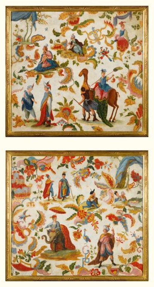 Depicting chinoiserie figures at various pursuits and one on a camel, and a female with a baby, the other with a female on an elephant with a parasol by German School