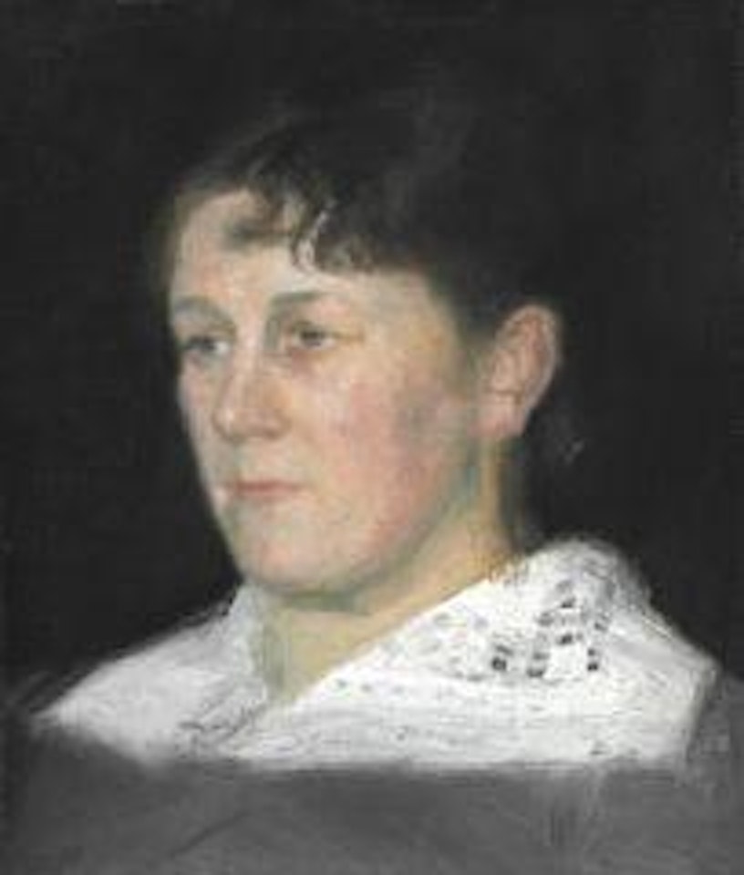 Portræt-Hovede. Naturlig Størrelse. Portrait head, natural size of Mrs Vilhelmine Bramsen (1850-1932) on black background, dressed in a grey dress with a large white collar by Vilhelm Hammershoi