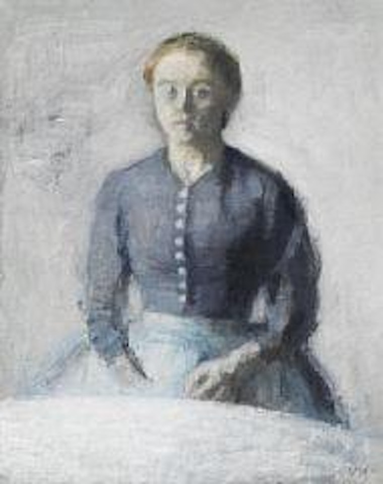 Portrait of the artist's wife Ida, née Ilsted (1869-1949). About 20 years old in a blue dress with pearl buttons sitting at a round table by Vilhelm Hammershoi