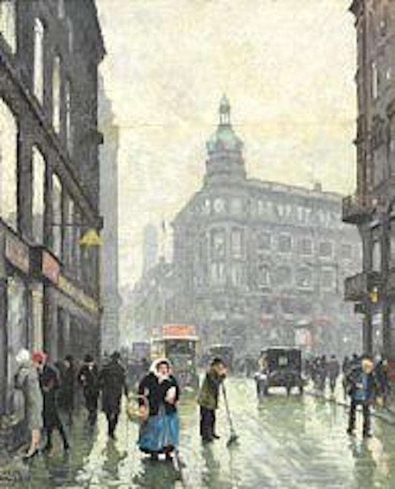 Street scene from Nygade (Strøget) in Copenhagen with a view towards Rådhuspladsen (the Town Hall Square) across Gammel- and Nytorv by Paul Fischer