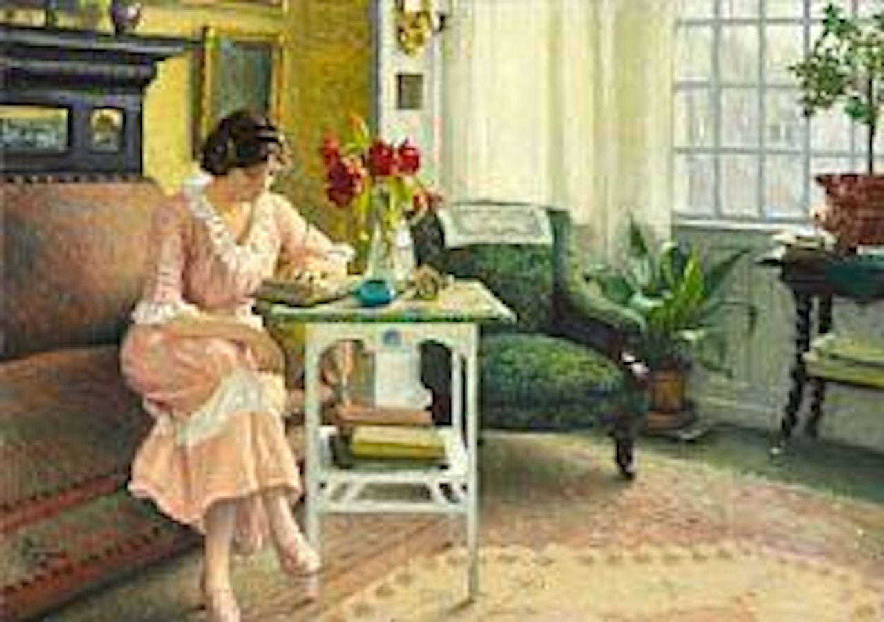 I stuen på Sofievej. In the living room on Sofievej.  The young girl reading is probably the artist's daughter Harriet by Paul Fischer