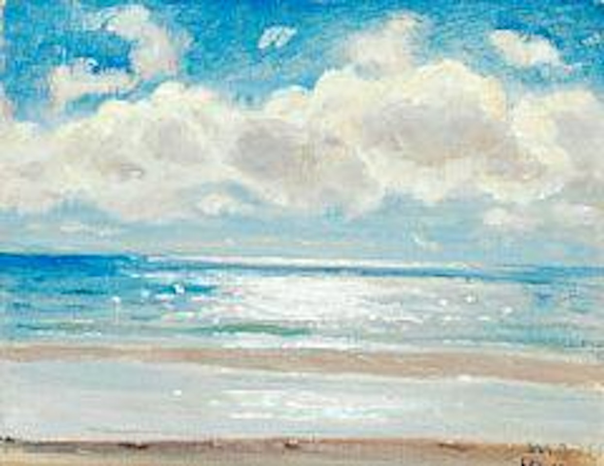 Beach scene from Skagen with fluffy white clouds and sun reflections in the sea by Michael Ancher