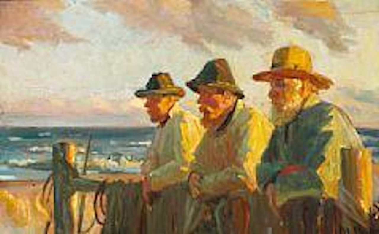 Three fishermen from Skagen standing on the beach in the evening sun by Michael Ancher