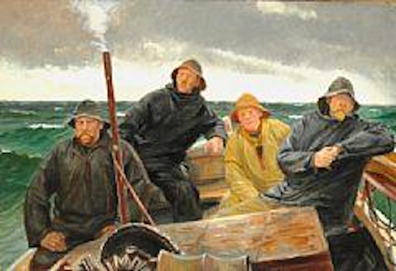 Four fishermen in a boat at sea off Skagen by Michael Ancher