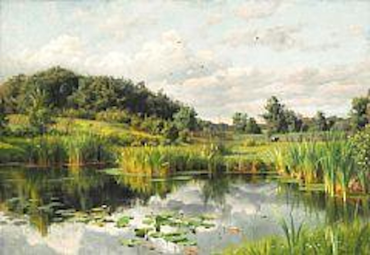 Summer day on a lake. In the background a meadow with grazing cows by Peder Mork Monsted