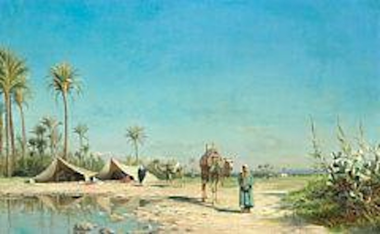 Scene from North Africa. Bedouins and camels are resting at an oasis by Peder Mork Monsted