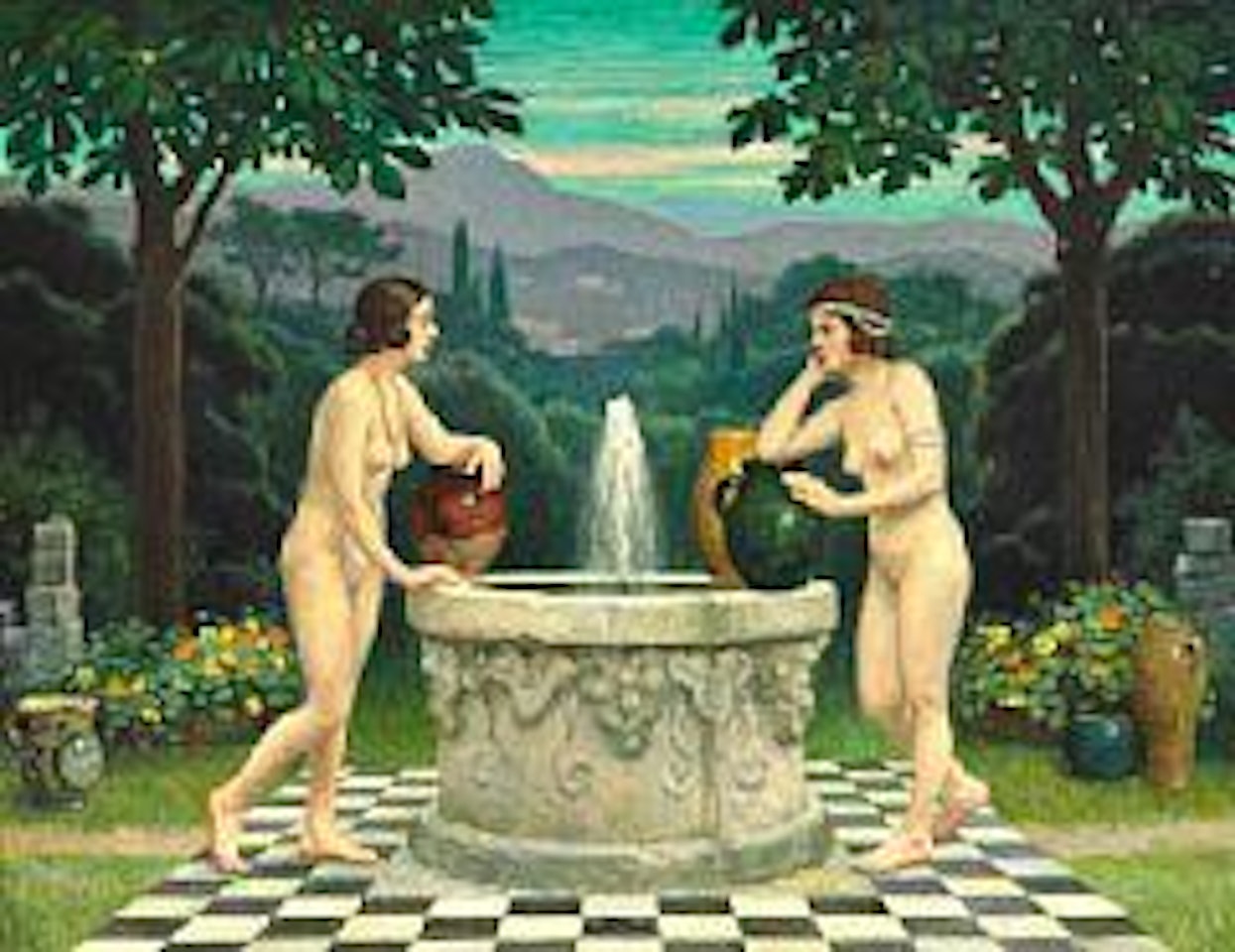 Ved Fontænen. Classical scene with two women with water jars next to a fountain by Paul Fischer