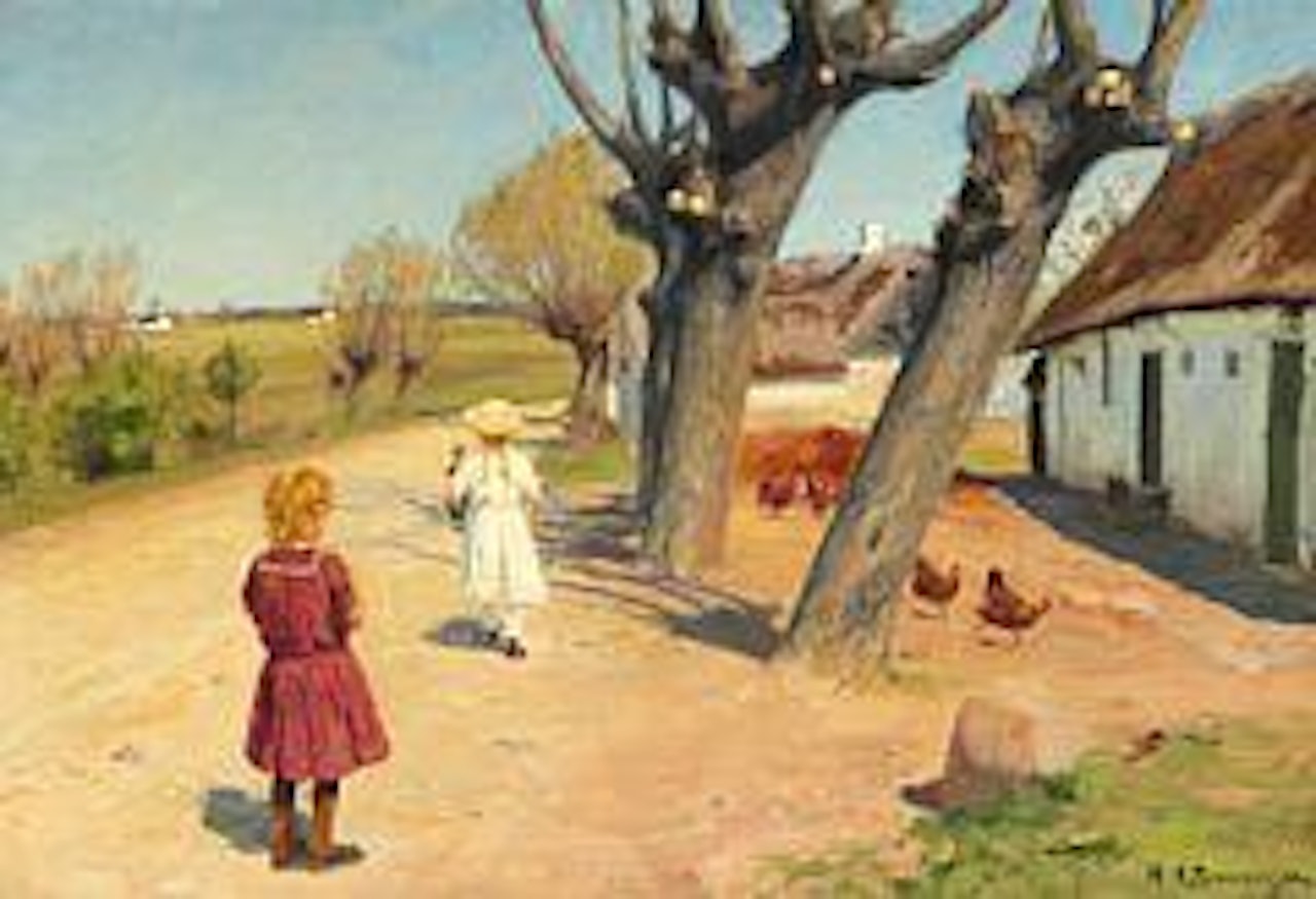 Two little girls in front of a thatched house by Hans Andersen Brendekilde
