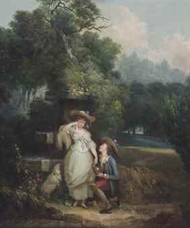 A shepherd courting a shepherdess by a fountain, with a sheep, in a wooded landscape by Jean Frédéric Schall