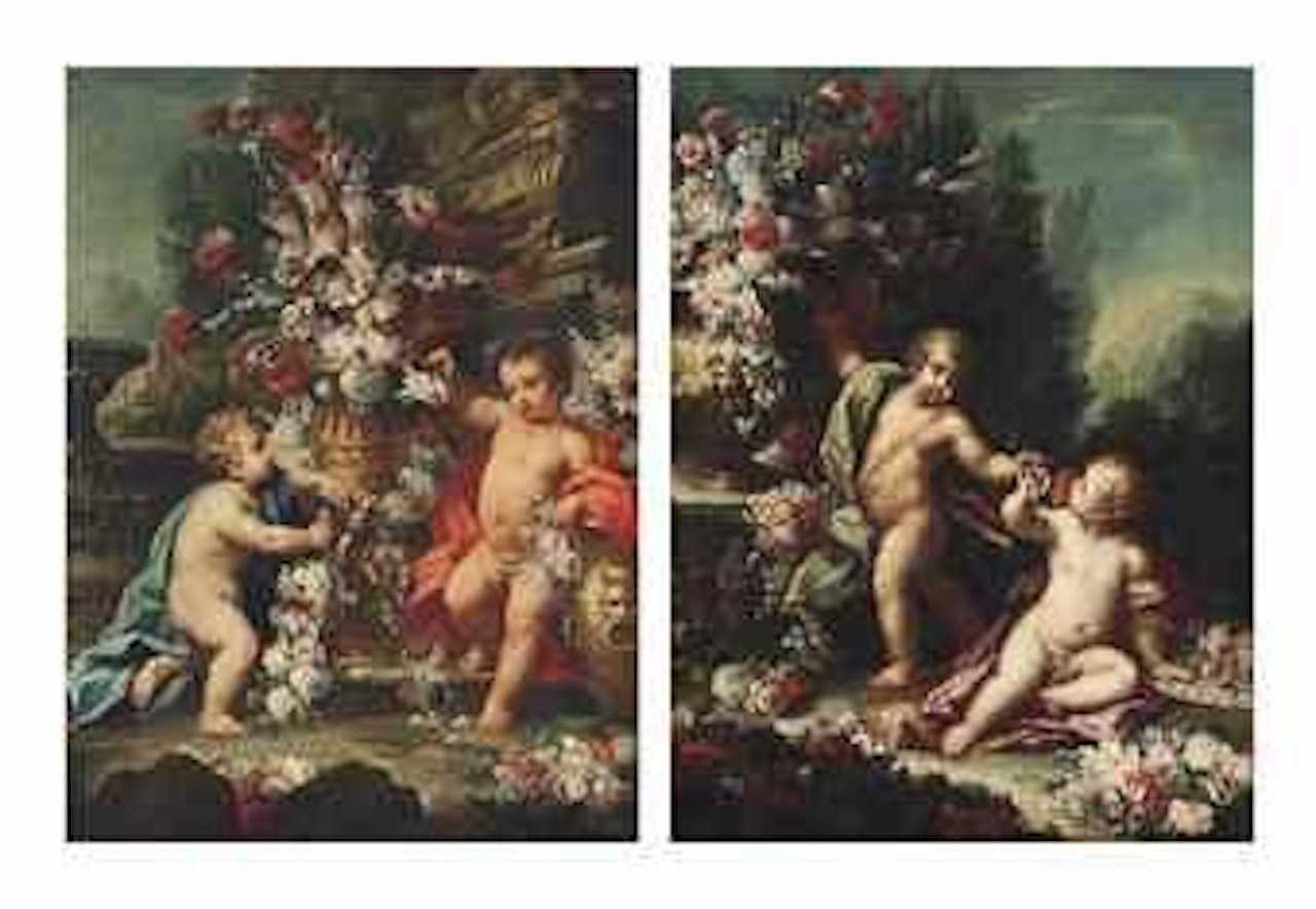 Two putti by an urn with roses, tulips and other flowers, near a tomb, a fountain and a village beyond; and Two putti with roses by Placido Costanzi by Gasparo Lopez