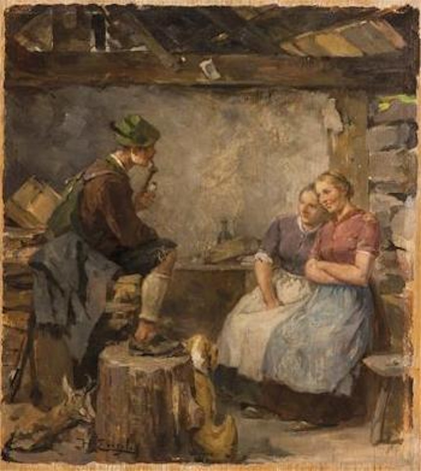 Der Jäger im Gespräch mit zwei Bauernmädchen by Hugo Engl