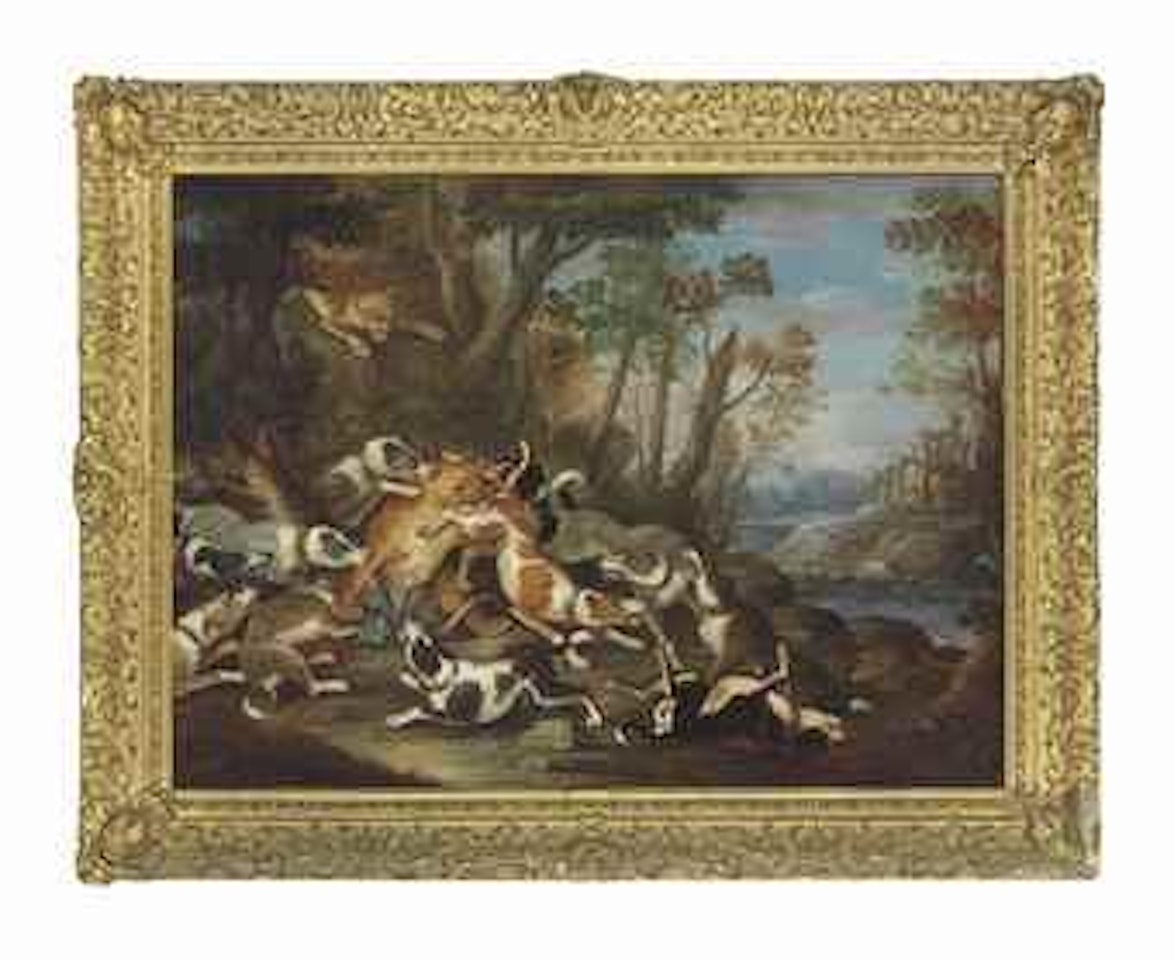 A wooded river landscape with two leopards attacking a pack of dogs by German School