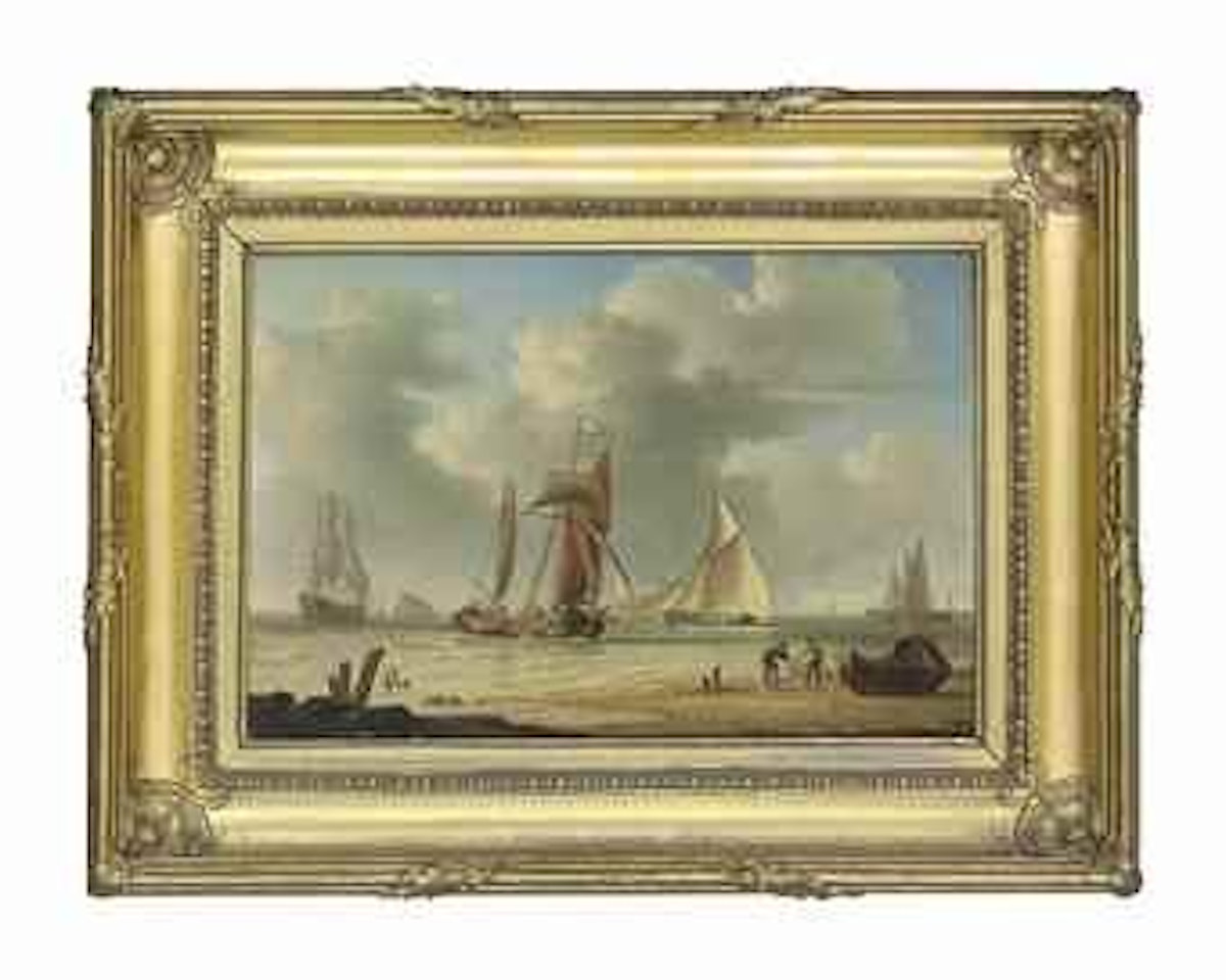 Dutch men-of-war and other vessels in a breeze, with fishermen on the shore by Charles Martin Powell