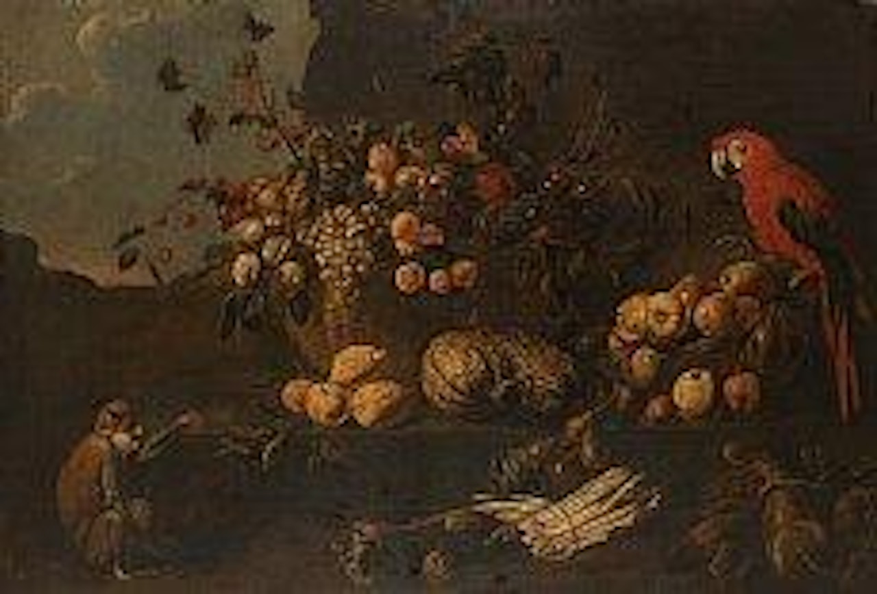 Composition aux fruits et légumes sur entablement avec perroquet et singe by Flemish School
