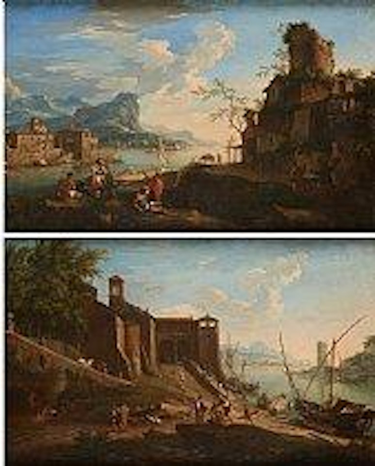 Vues lacustres animées sur fond de paysage italianisant by Italian School