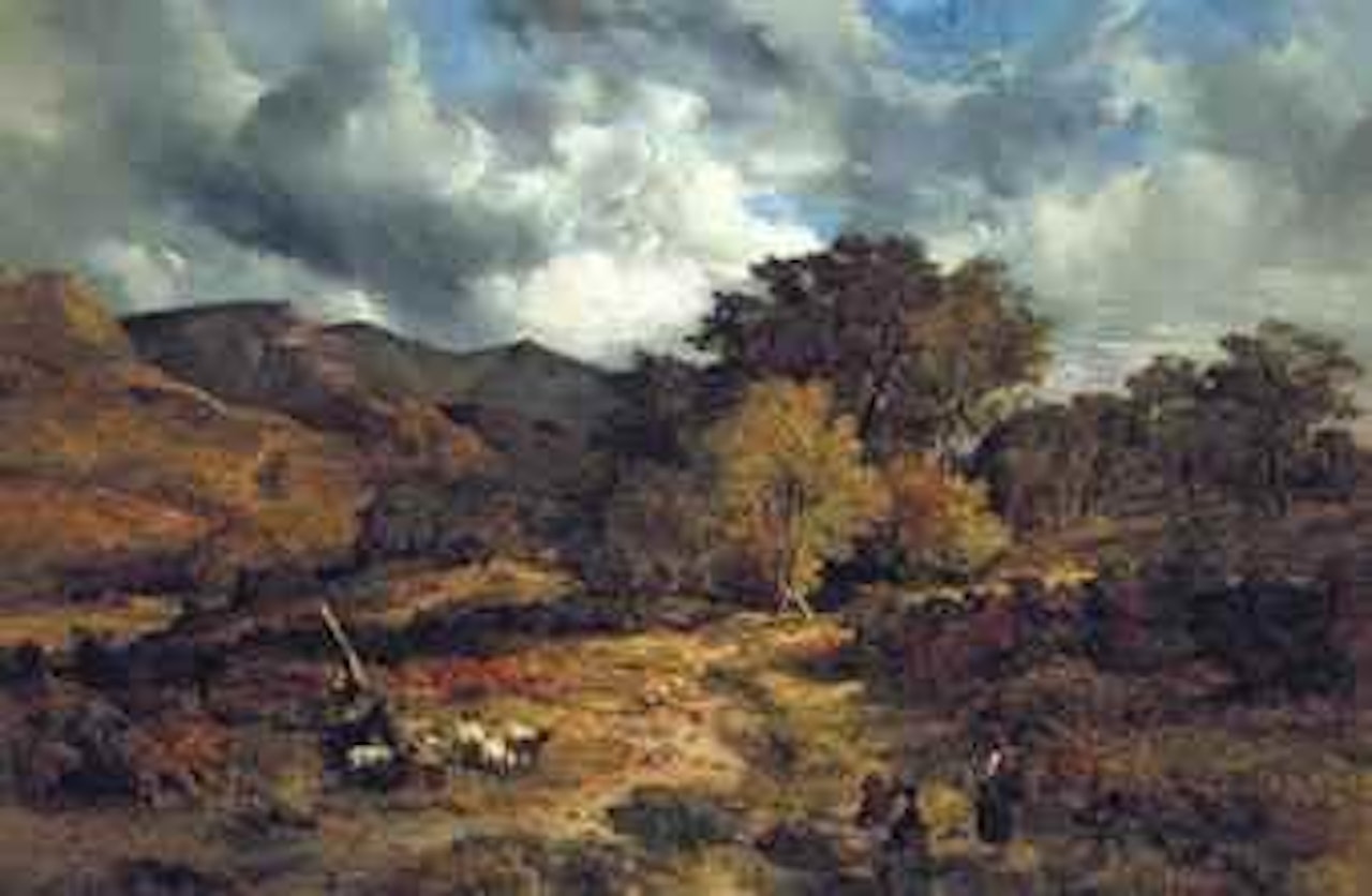 An Upland Landscape with Two Children Playing with a Dog Near a Small Flock of Sheep by Sidney Richard Percy