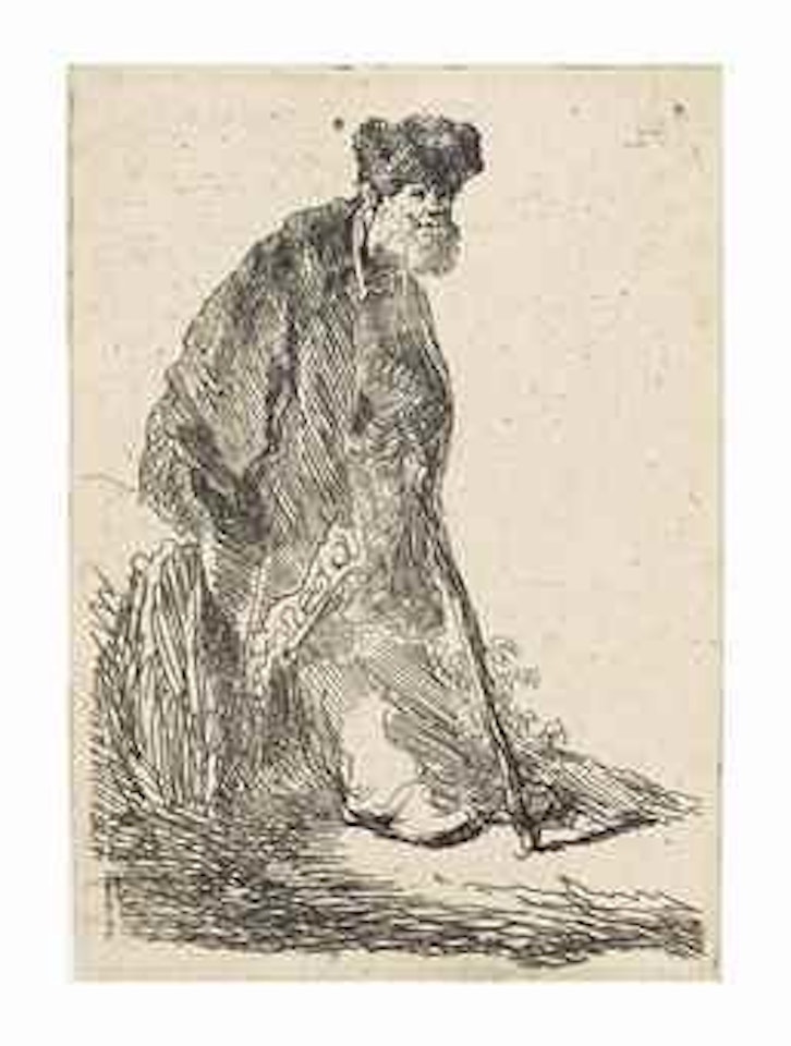 Man in a Coat and Fur Cap leaning against a Bank by Attributed to Rembrandt Harmensz van Rijn
