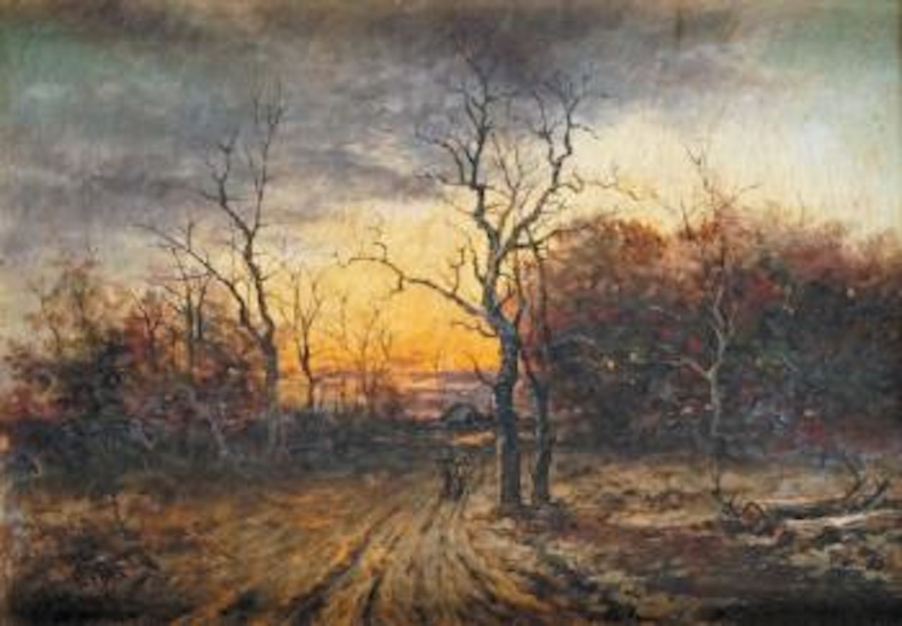 Promeneurs dans la neige au crépuscule by Paul Désiré Trouillebert