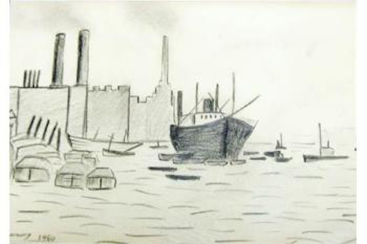 Coast scene with moored cargo ship and smaller vessels, power station in the background by Laurence Stephen Lowry