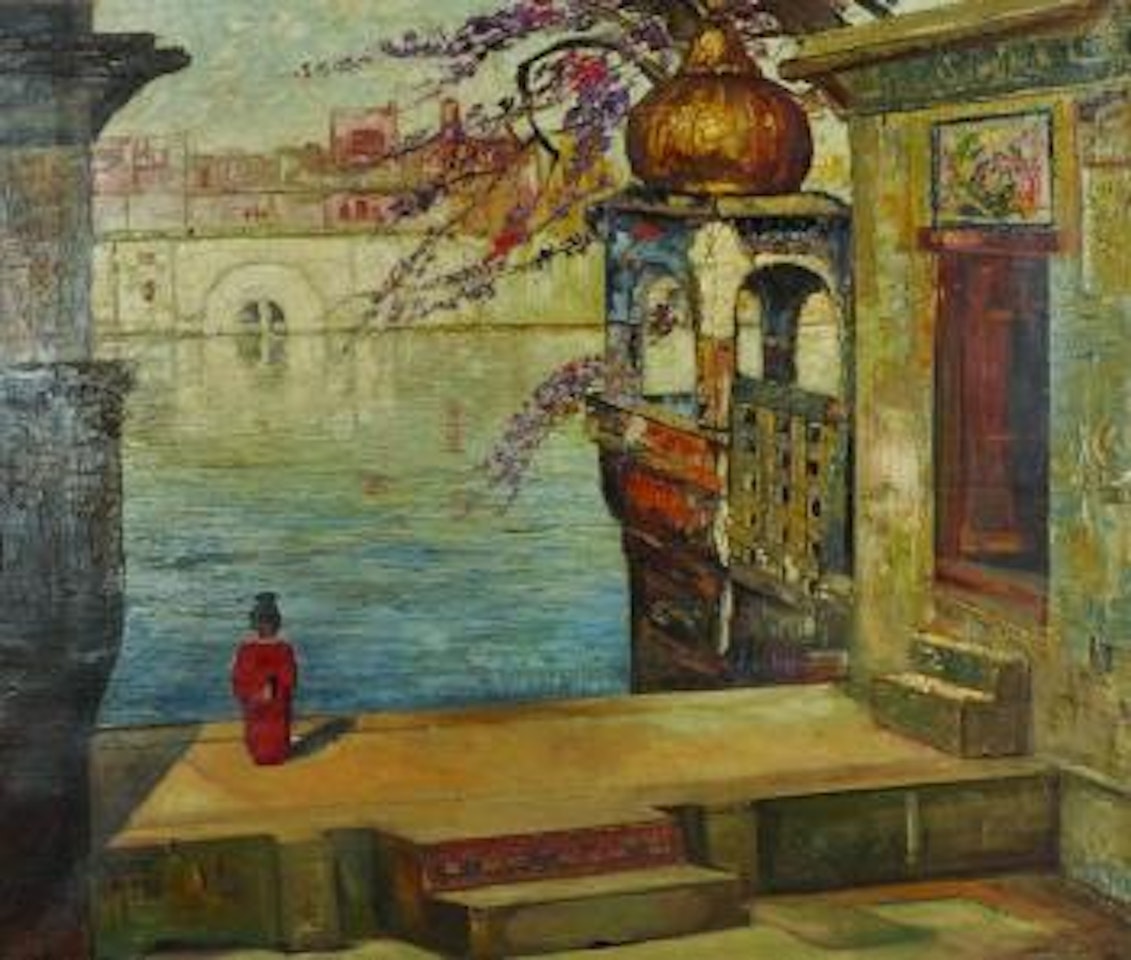 A Chinese river scene, with a young child in the foreground by Gyula Tornai